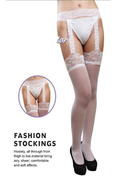 Sexy white sheer stockings with top lace hip band and suspenders